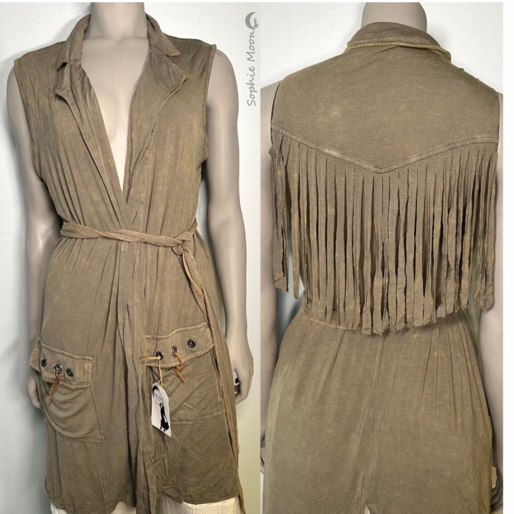 Designer long vest with fringe on the back